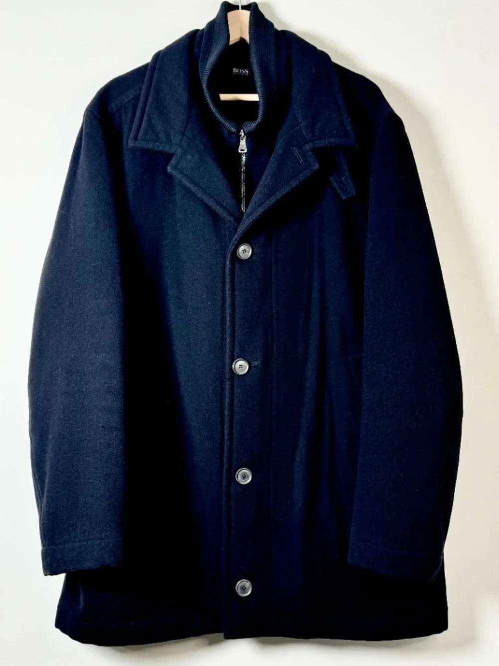 Hugo Boss Men's Coxtan Wool Cashmere Blend Black Coat with Knit Collar Sz L